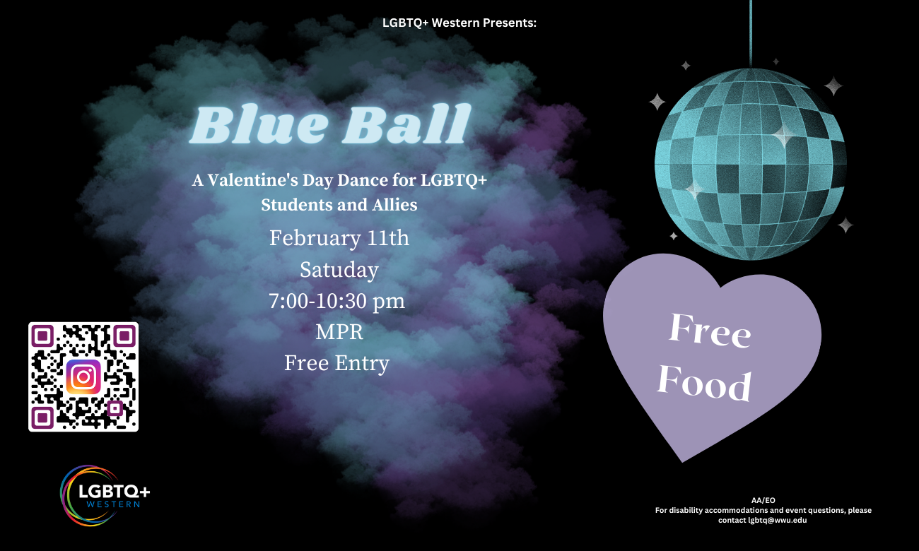 The phrase Blue Ball is written in blue neon color. On the top right corner, there is a blue disco ball hanging. Below the disco ball, there is a lavender color heart with word free food. The remaining words are on top of blue and purple fog to create mysterious feel. On the lower left corner, there is LGBTQ+ Western logo