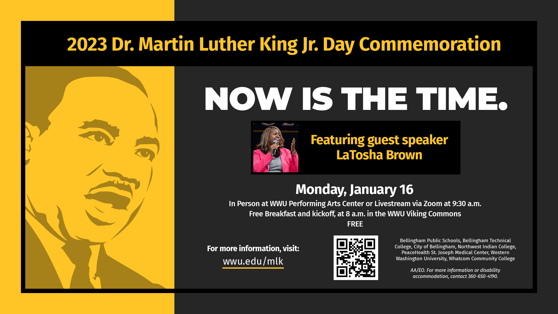 Event flyer featuring stylized art of Dr. Martin Luther King Jr, a headshot photo of guest speaker LaTosha Brown, and event details (listed below)