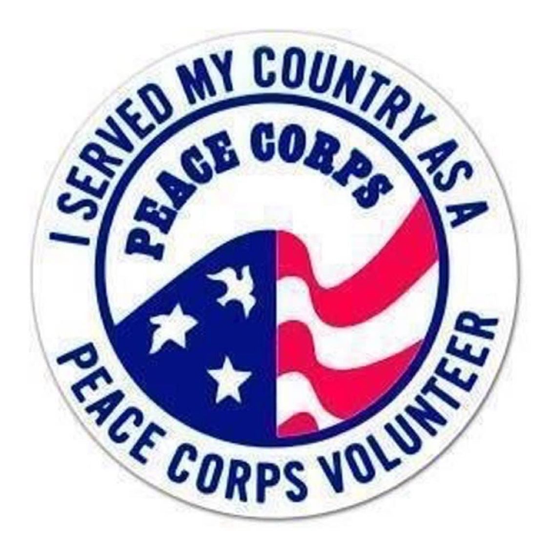 Peace Corps emblem with part of an american flag and blue text on a white background reading 'I served my country as a peace corps volunteer'