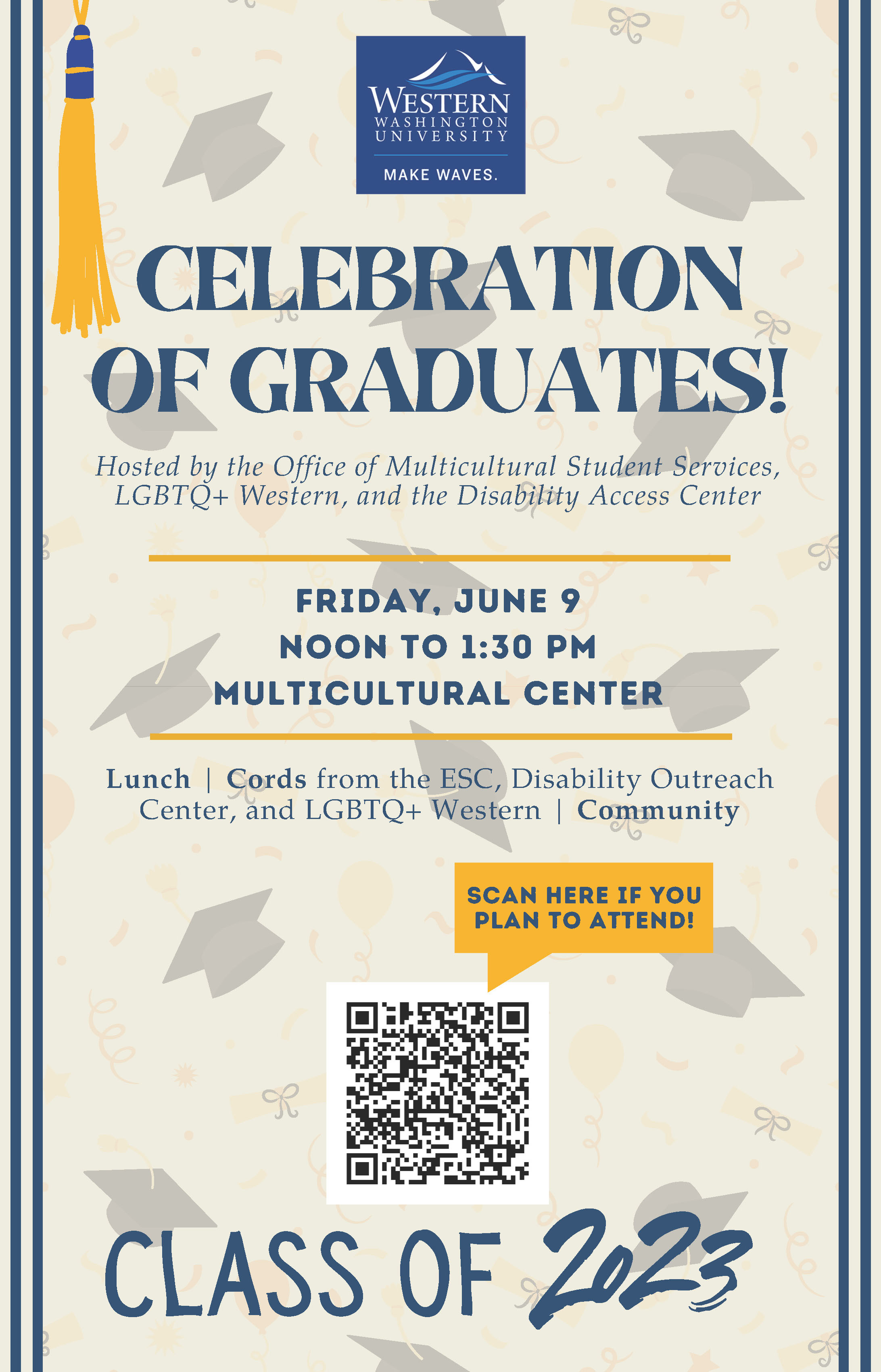 Celebration of Graduates decorative event flyer, details listed below.