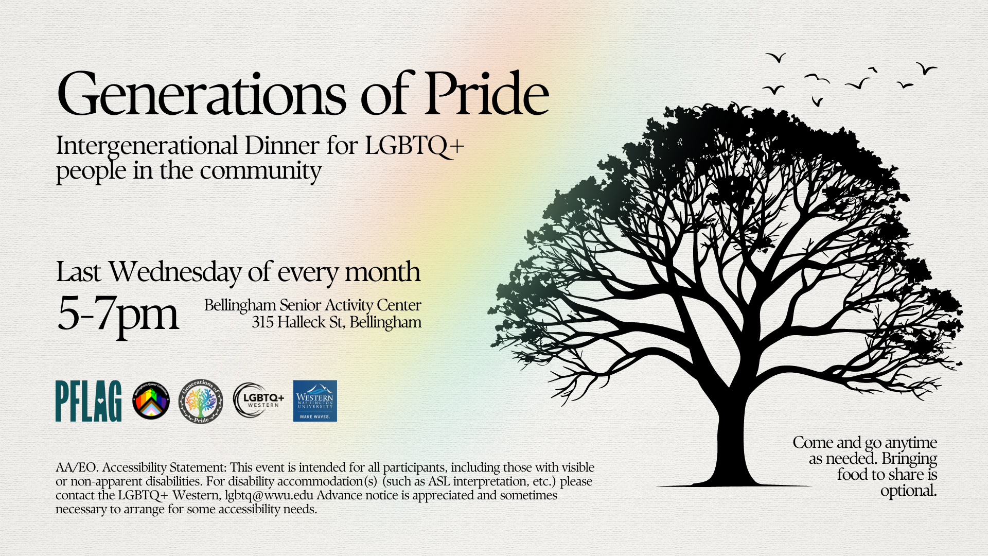 Generations of Pride event last wednesday of every month written on white background with a rainbow and birds. 