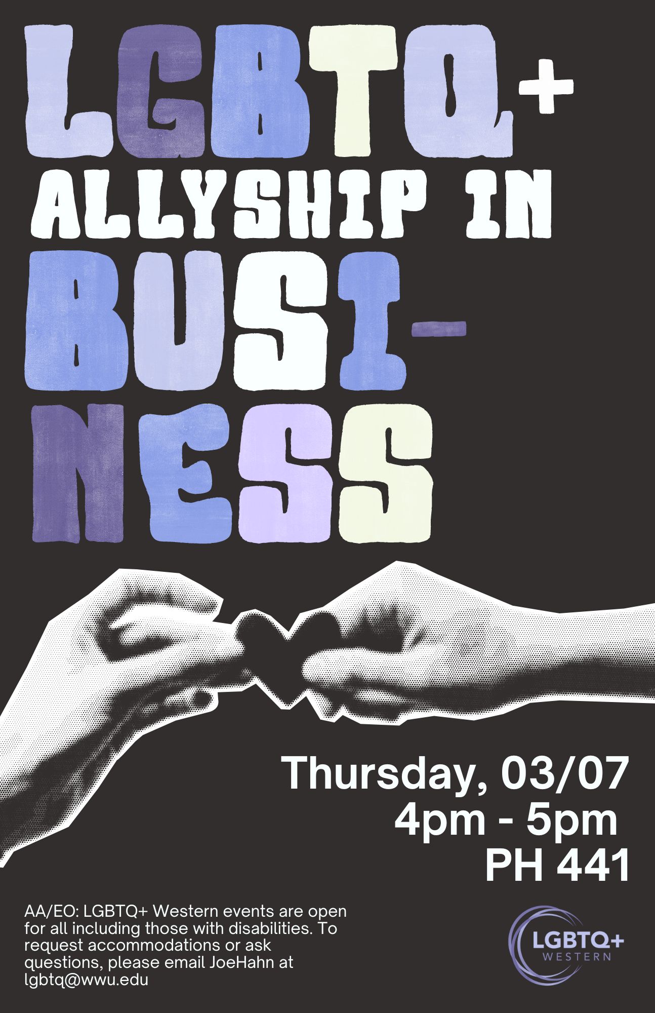 decorative flyer advertising the LGBTQ+ allyship in business event.