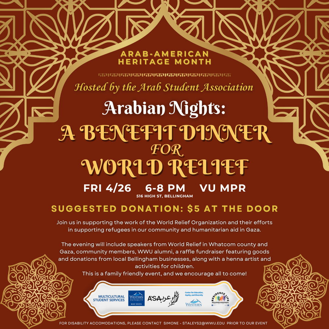 Decorative flyer advertising the Arabian Nights Benefit Dinner for World Relief event.
