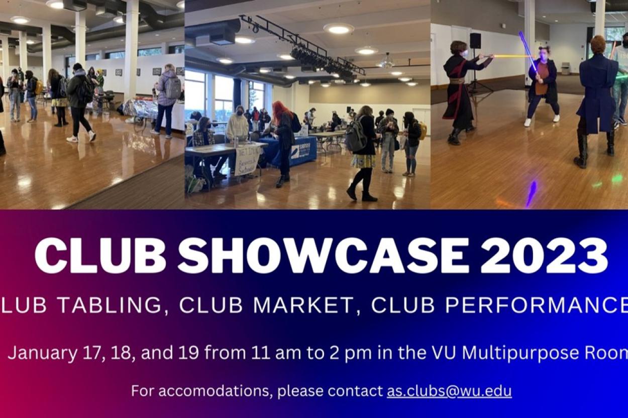 Club Showcase 2023 flyer, with images of past tabling events, students interacting with club leaders, and students in a mock lightsaber duel. Informational text on image in event description.