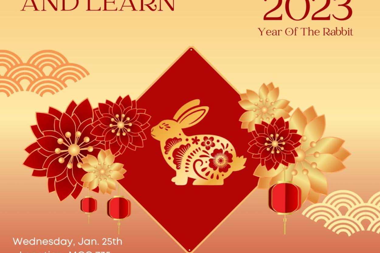 Multicultural Center Community Lunch: Food, conversation, and friends (text on bright red and gold background with decorative lunar new year rabbit and flowers)