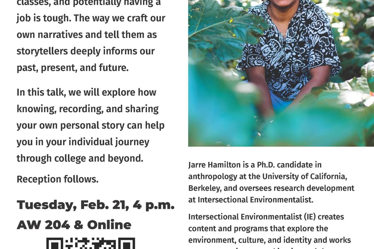 event flyer with a casual headshot photo of Jarre Hamilton and text detailed in the event description below