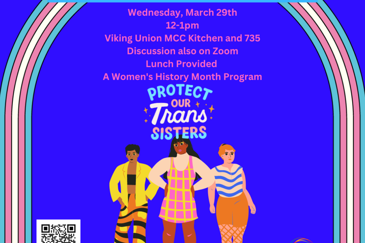 three cartoon trans women with light brown, dark brown, and white skin tones. Above them an image says Protect our Trans Sisters with a sparkle effect around a few of the words