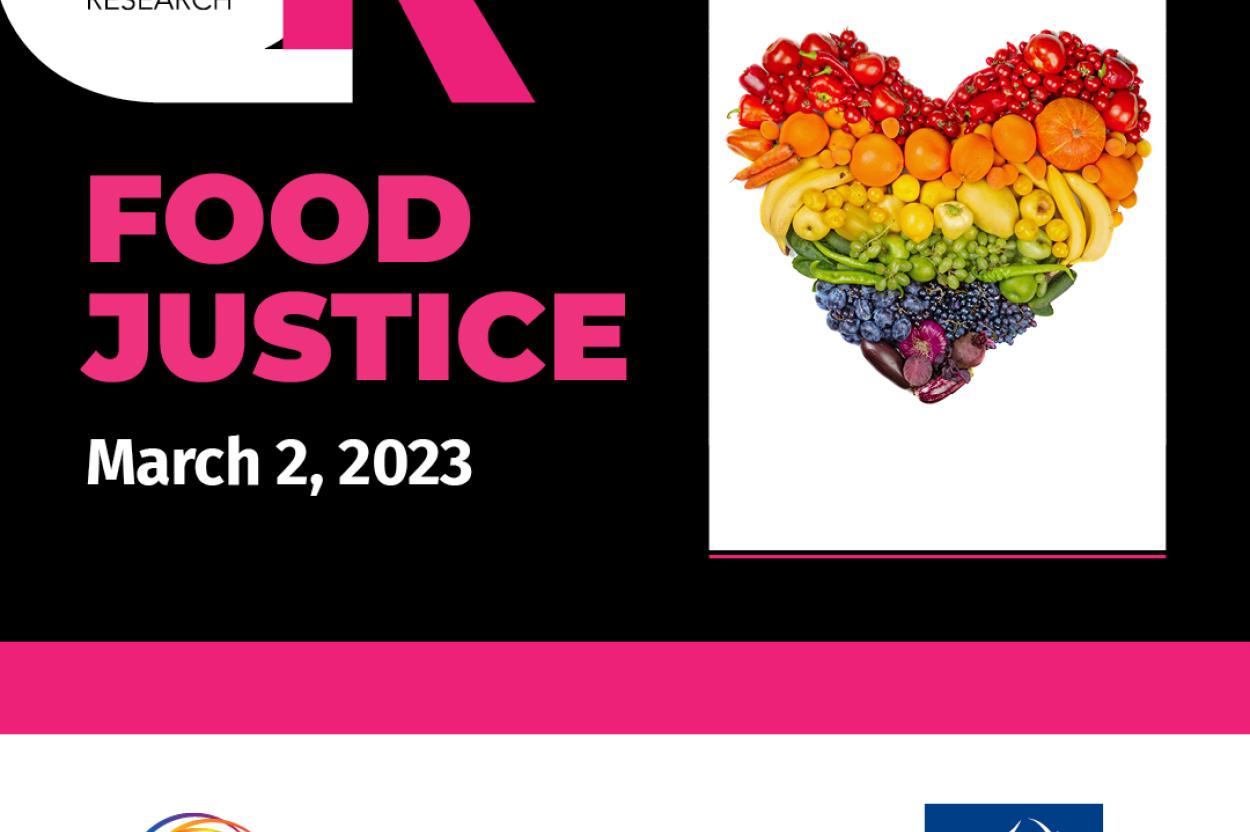decorative event flyer with event details listed below, and a rainbow heart made of fruits and vegetables
