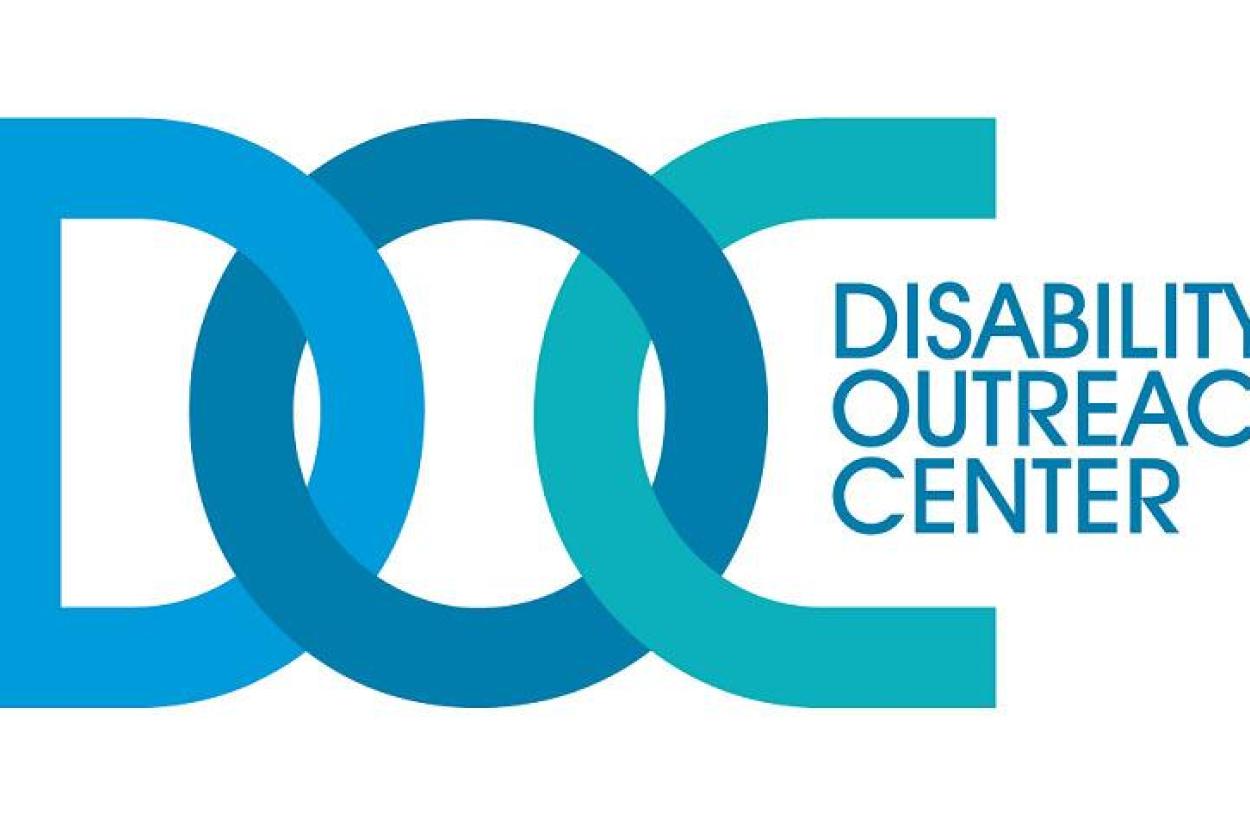 Disability Outreach Center logo, with interlocking DOC letters in shades of blue