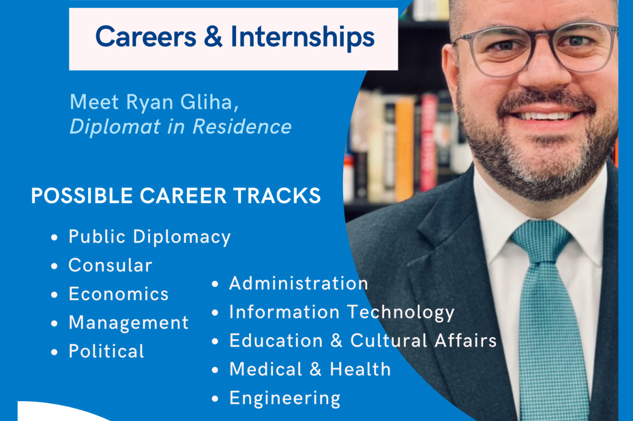 U.S. State Department Careers & Internships event flyer with Ryan Gliha headshot. 4/25/2023 at 3:15pm in VU 735