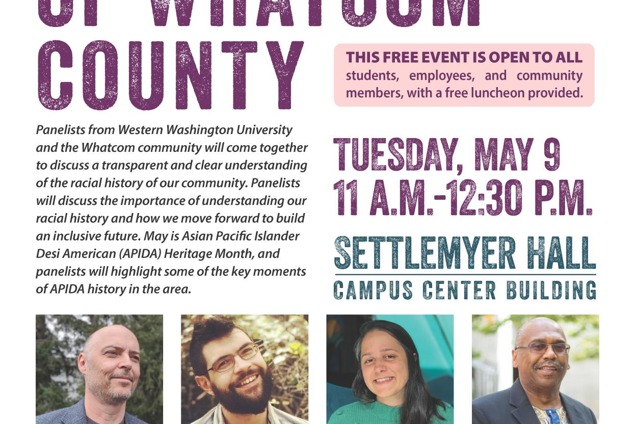 decorative flyer for Bellingham Technical College's Racial History of Whatcom County event. Details below