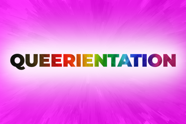 Queerientation in textured rainbow font against pink burst background