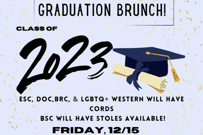 Light blue background with gold confetti. Text at the top middle says "Join us for an ADEI graduation brunch!" Middle graphic says "class of 2023" with a graduation cap and rolled parchment. Text below reads "ESC,DOC,BRC, & LGBTQ Western will have cords. BSC will have stoles available! Friday, 12/15 10-11am MCC Kitchen."