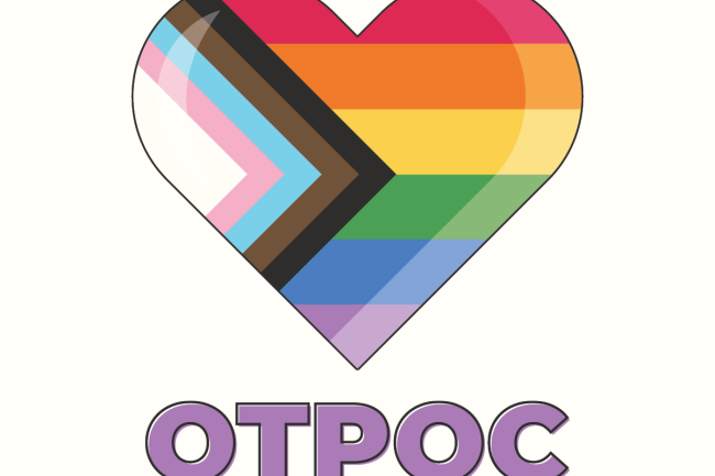 decorative event flyer with a progressive pride flag design in a heart and event details in text below. Full image description below.
