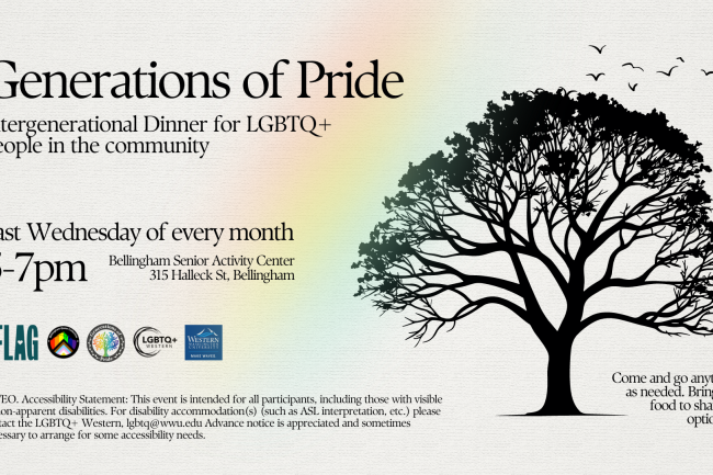 Generations of Pride event last wednesday of every month written on white background with a rainbow and birds. 