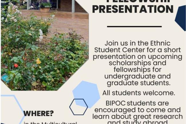 a decorative flyer for a Scholarship and Fellowship Presentation with a geometric cropped photo of Old Main and rose bushes