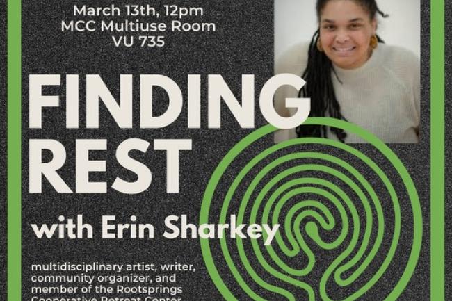 A decorative graphic advertising the Finding Rest event, with a headshot photo of Erin Sharkey.