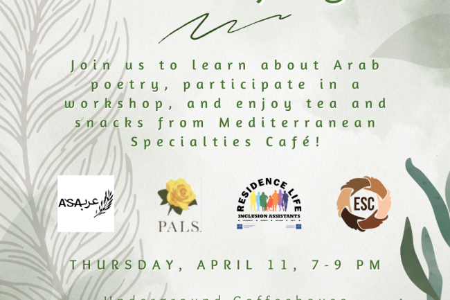 decorative flyer advertising Arab Poetry Night with the logos of ASA, PALS, Residence Life, and ESC