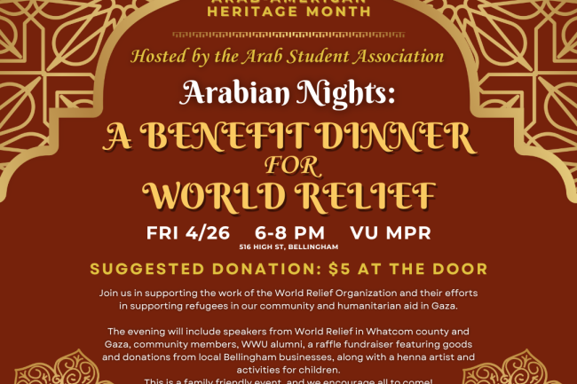 Decorative flyer advertising the Arabian Nights Benefit Dinner for World Relief event.