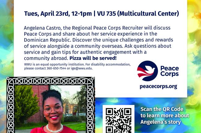 decorative flyer for Peace Corps event with Angelena Castro's headshot