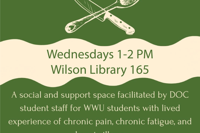 A graphic advertising Spoons and Knives, a support space for students with chronic pain, illness, and fatigue that meets Wednesdays 1-2pm in Wilson Library 165. 